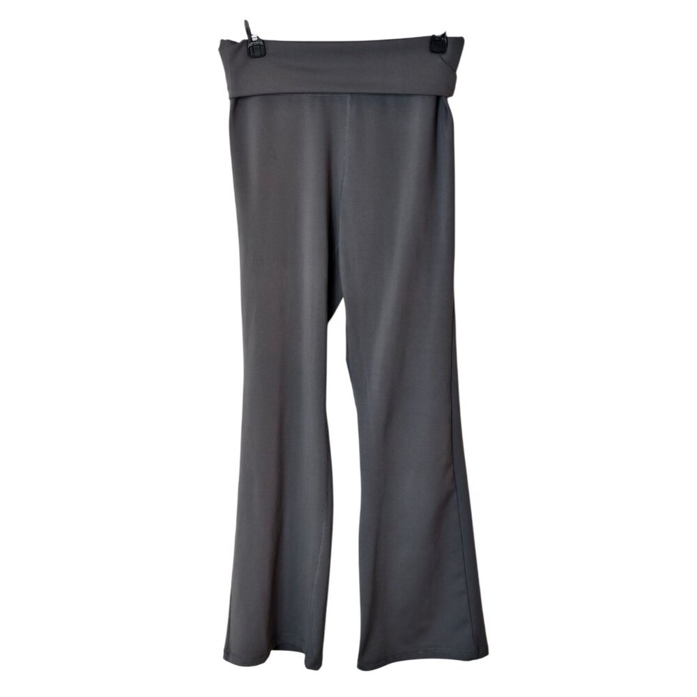 Womens L Fold Over Flare Yoga Pants High Waist Charcoal Gray Stretchy Workout
